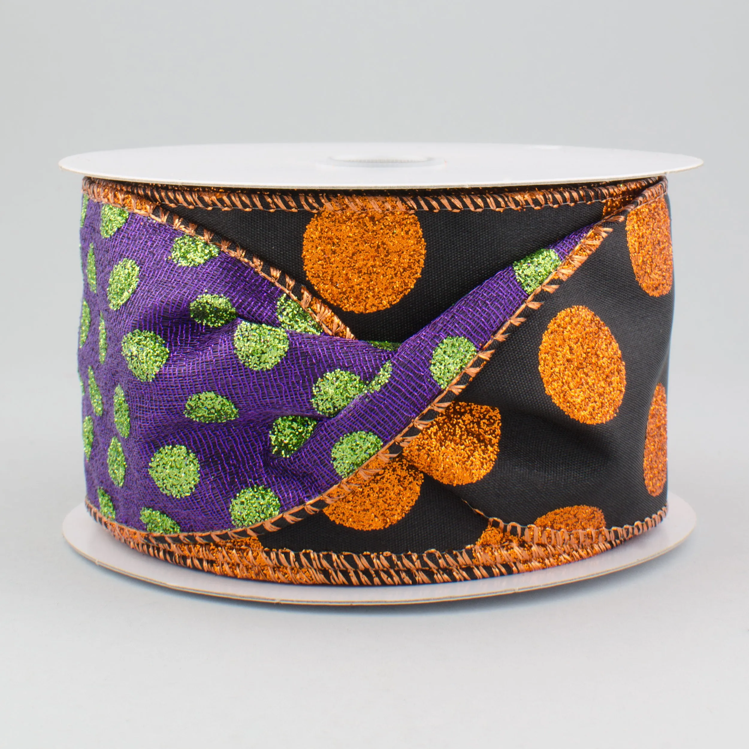 2.5" Metallic Glitter Polka Dot 2-Sided Ribbon: Orange, Black, Lime & Purple (10 Yards)