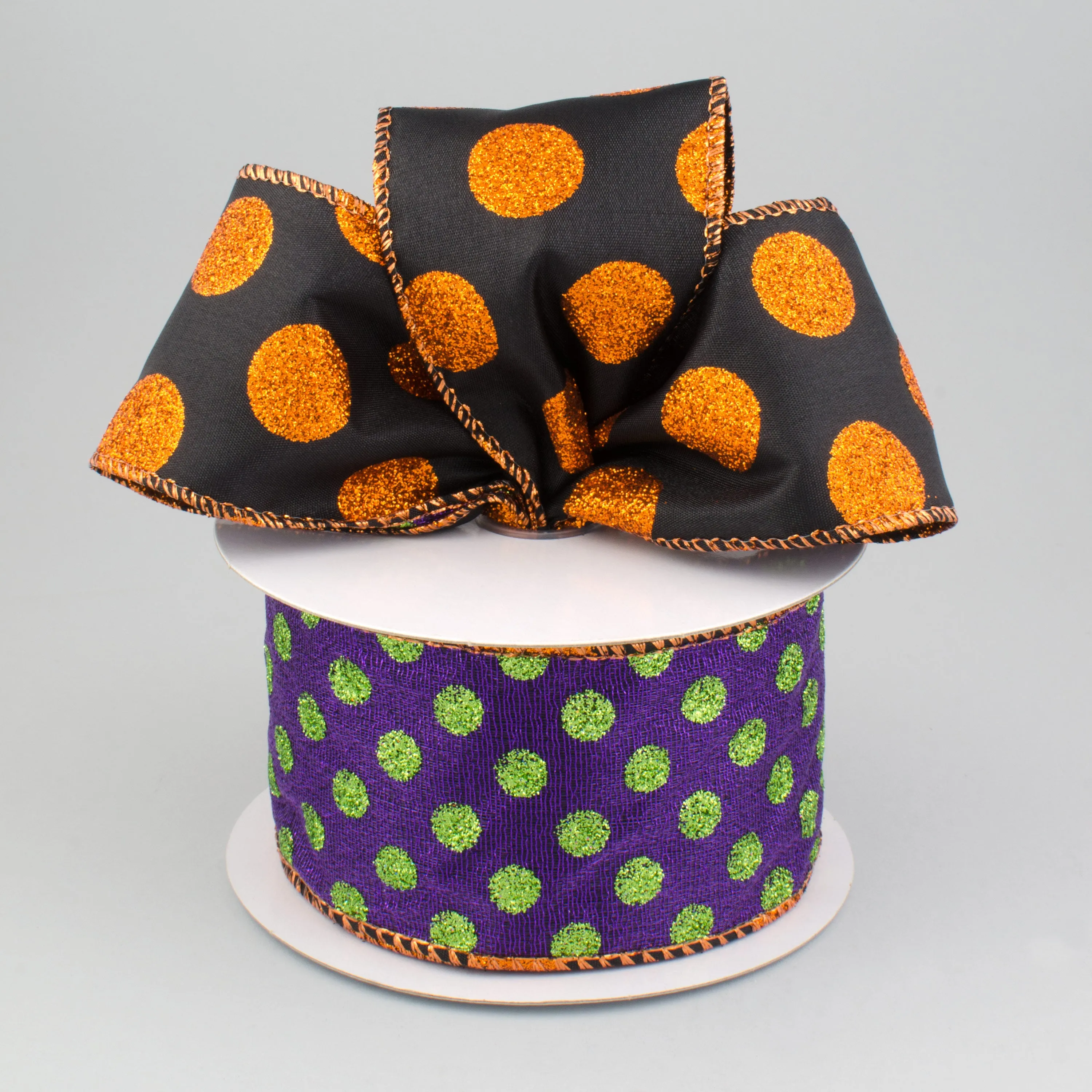 2.5" Metallic Glitter Polka Dot 2-Sided Ribbon: Orange, Black, Lime & Purple (10 Yards)