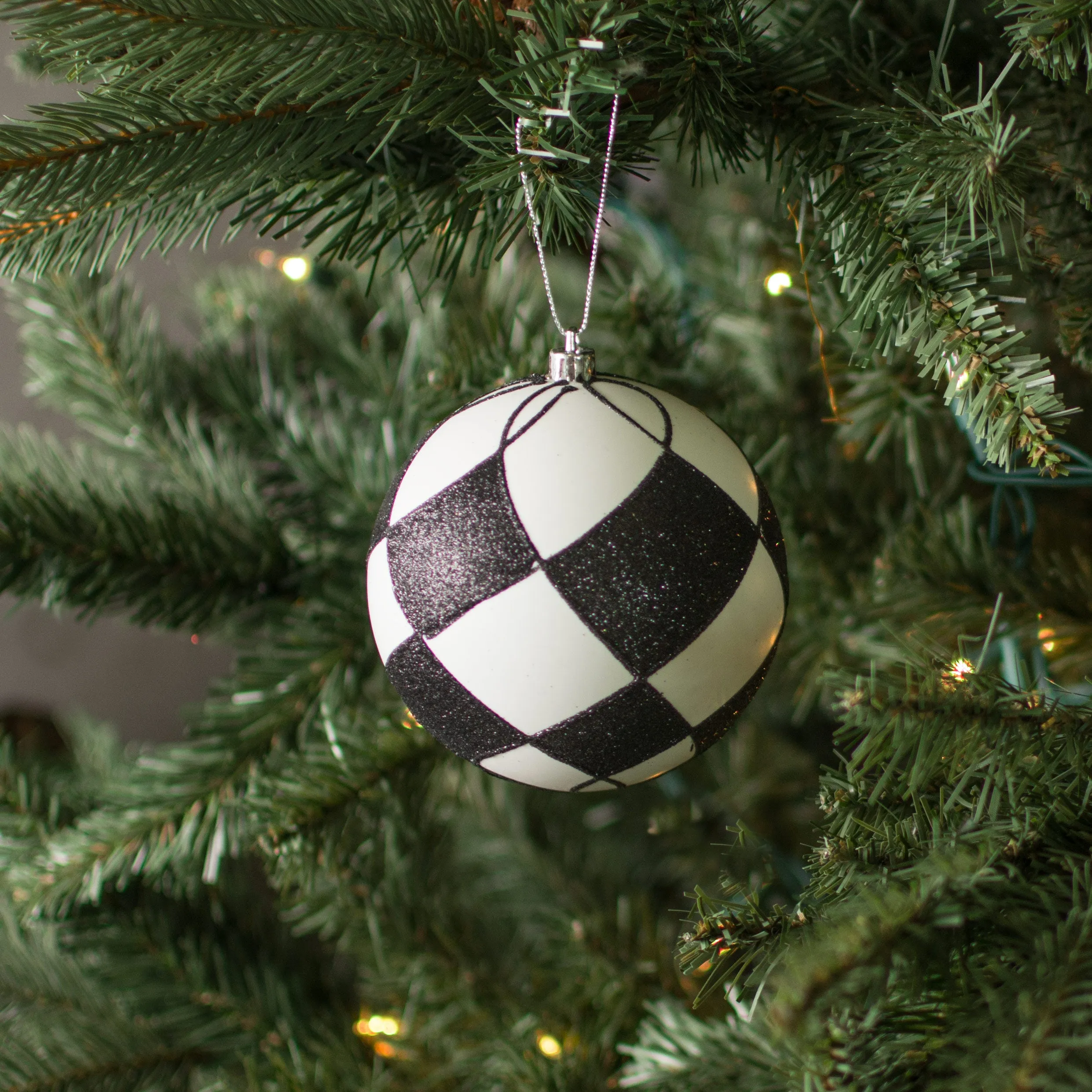 4" Glitter Harlequin Ball Ornament: Black & White