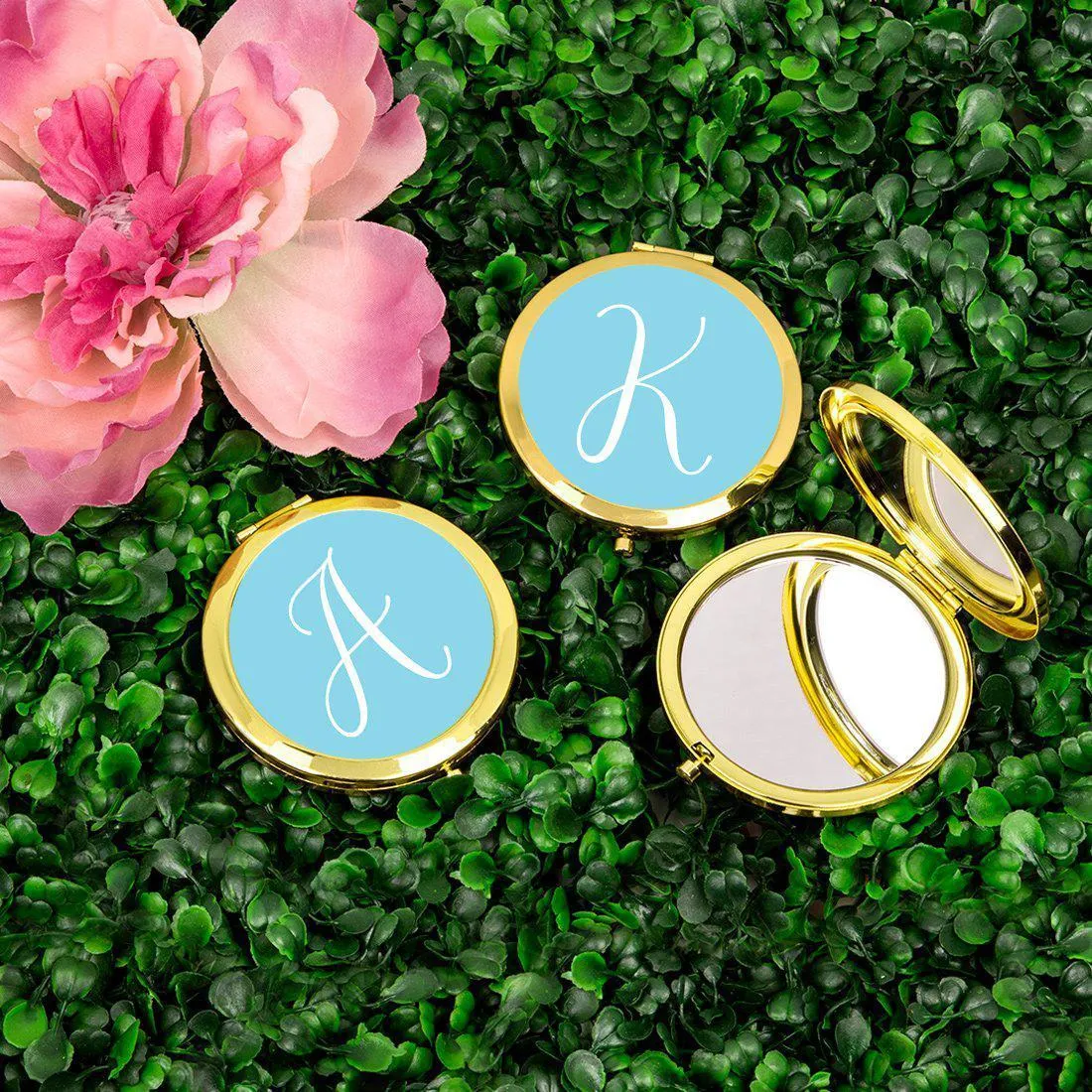 Andaz Press Baby Blue Monogram Gold 2.75 inch Round Compact Mirror