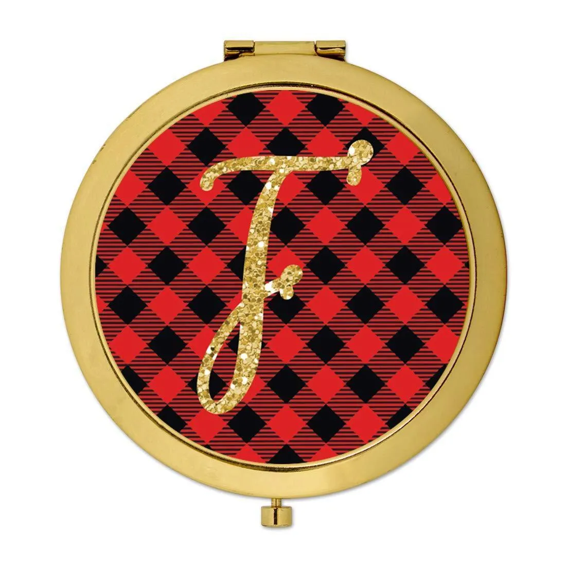 Andaz Press Buffalo Red Plaid With Gold Glitter Monogram Gold Compact Mirror