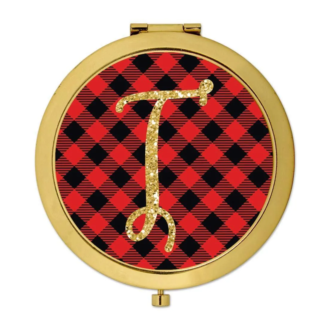 Andaz Press Buffalo Red Plaid With Gold Glitter Monogram Gold Compact Mirror