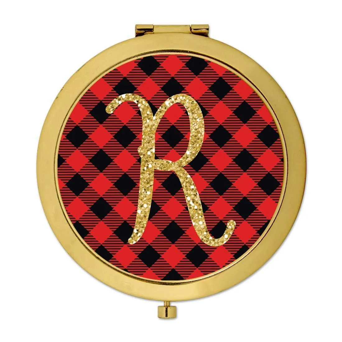 Andaz Press Buffalo Red Plaid With Gold Glitter Monogram Gold Compact Mirror