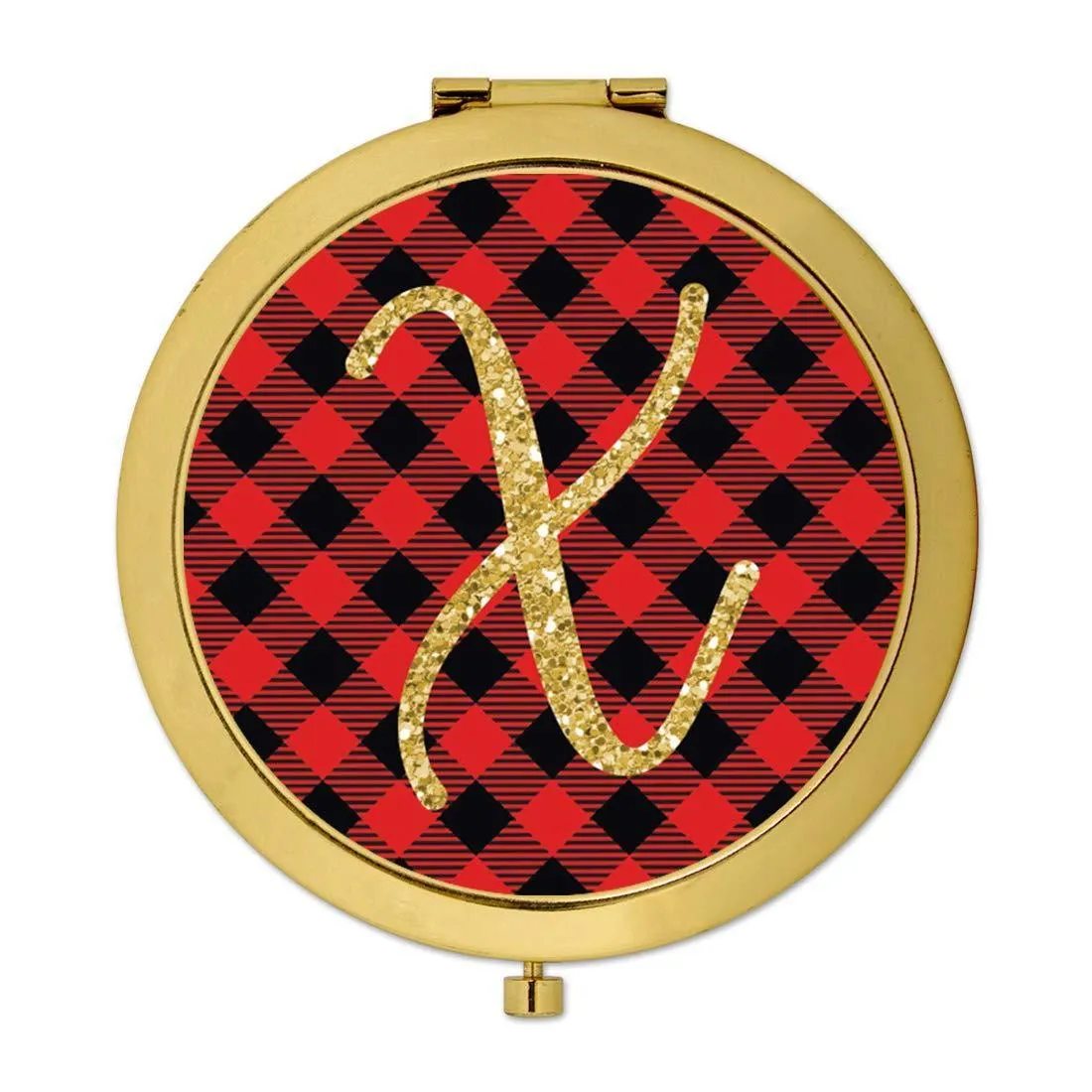 Andaz Press Buffalo Red Plaid With Gold Glitter Monogram Gold Compact Mirror