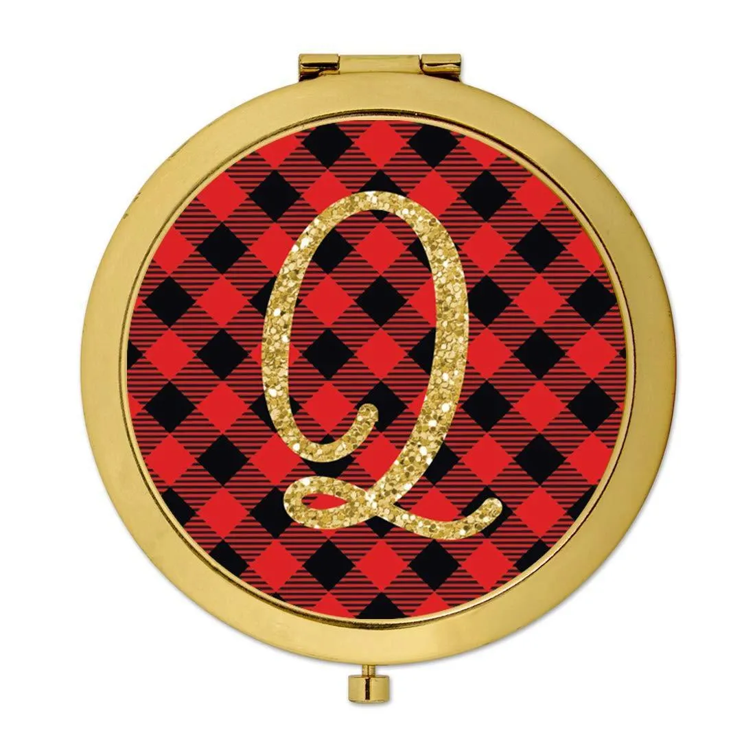 Andaz Press Buffalo Red Plaid With Gold Glitter Monogram Gold Compact Mirror