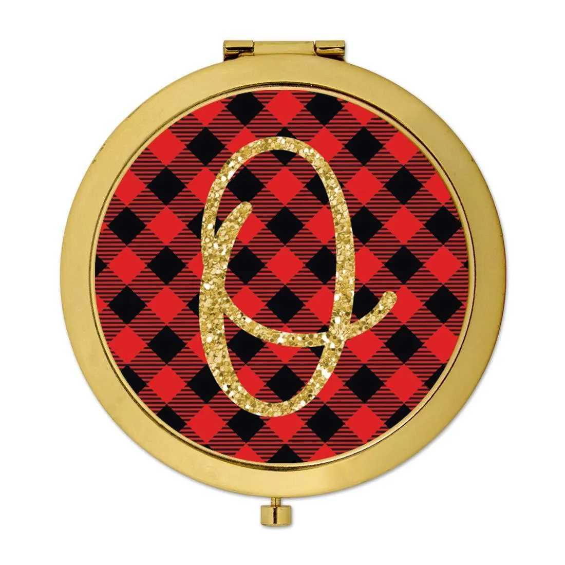 Andaz Press Buffalo Red Plaid With Gold Glitter Monogram Gold Compact Mirror