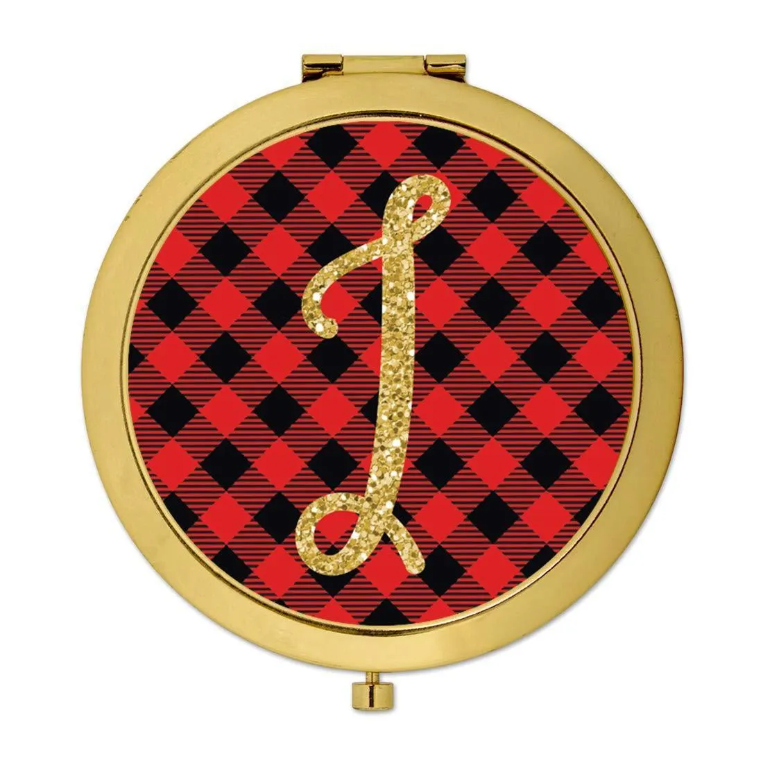 Andaz Press Buffalo Red Plaid With Gold Glitter Monogram Gold Compact Mirror