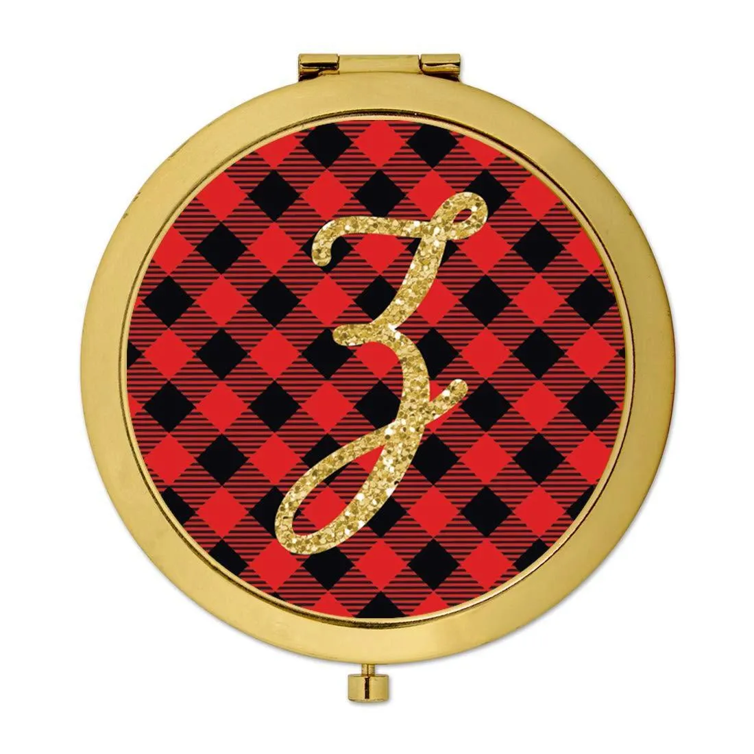 Andaz Press Buffalo Red Plaid With Gold Glitter Monogram Gold Compact Mirror