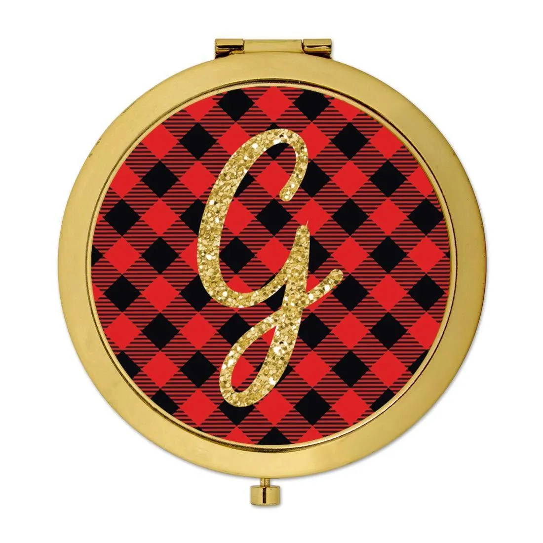 Andaz Press Buffalo Red Plaid With Gold Glitter Monogram Gold Compact Mirror