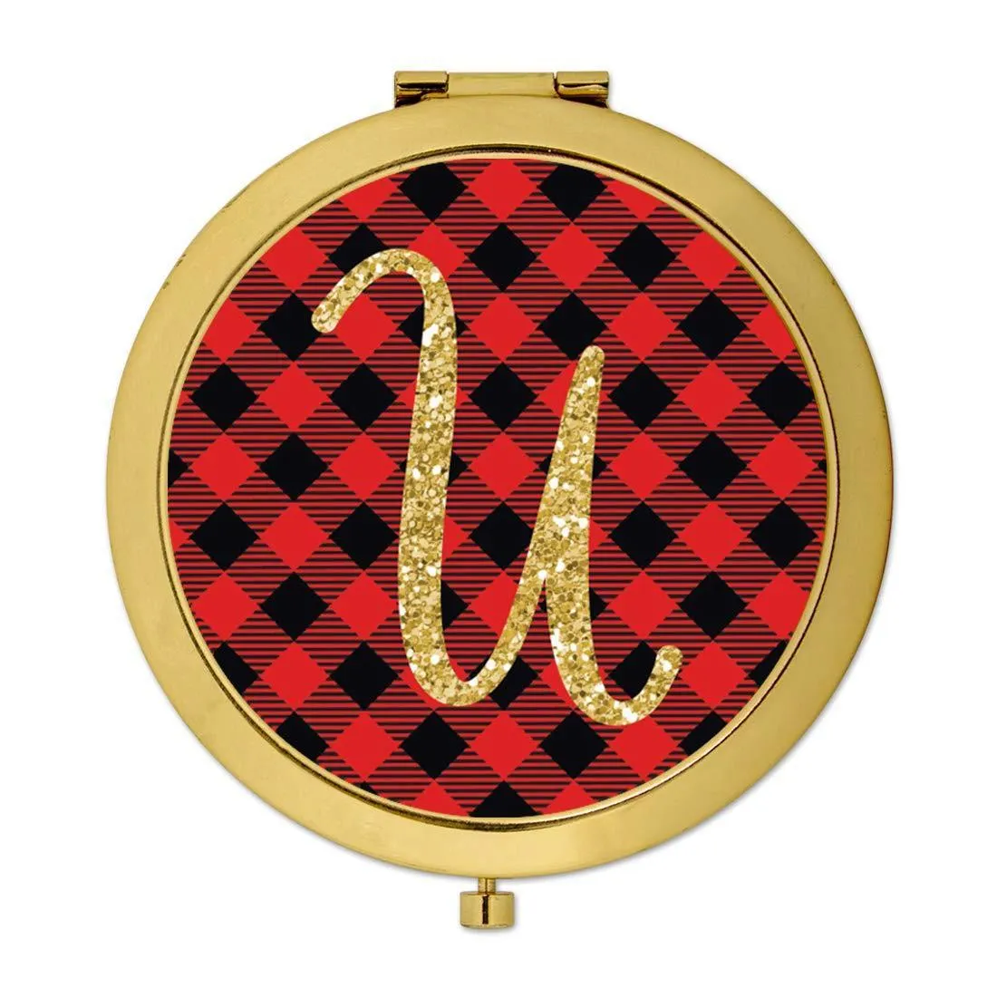 Andaz Press Buffalo Red Plaid With Gold Glitter Monogram Gold Compact Mirror