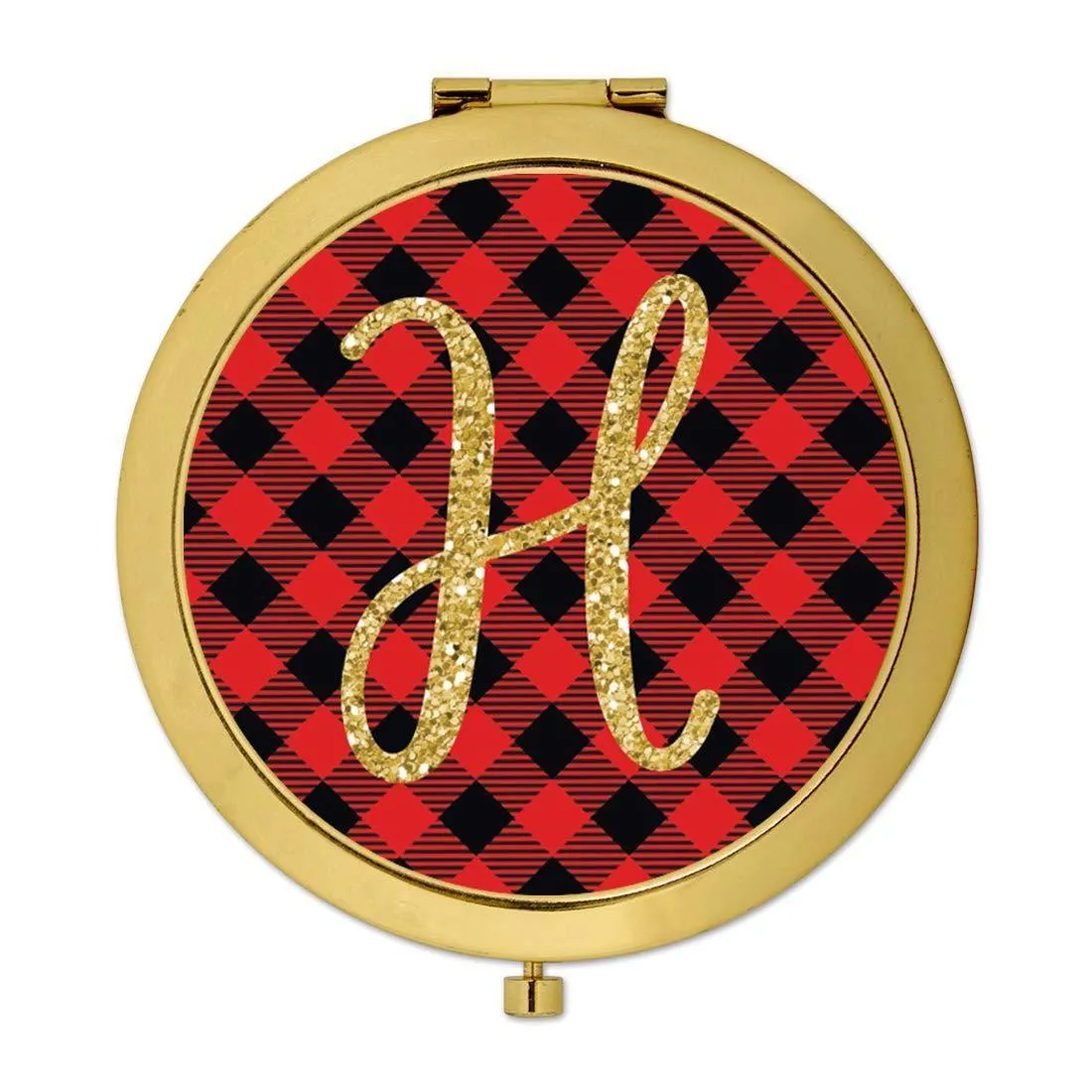 Andaz Press Buffalo Red Plaid With Gold Glitter Monogram Gold Compact Mirror