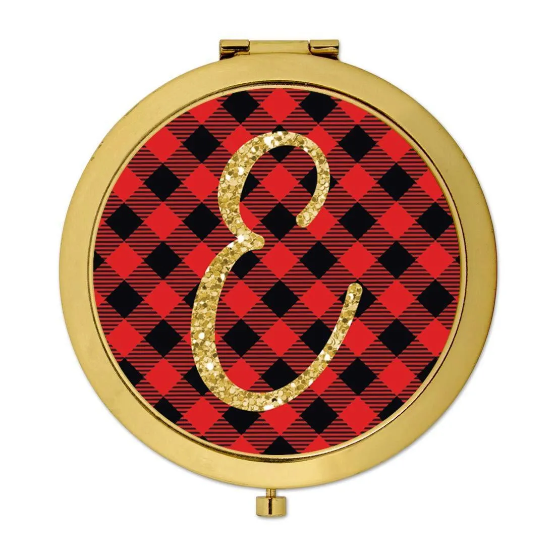 Andaz Press Buffalo Red Plaid With Gold Glitter Monogram Gold Compact Mirror