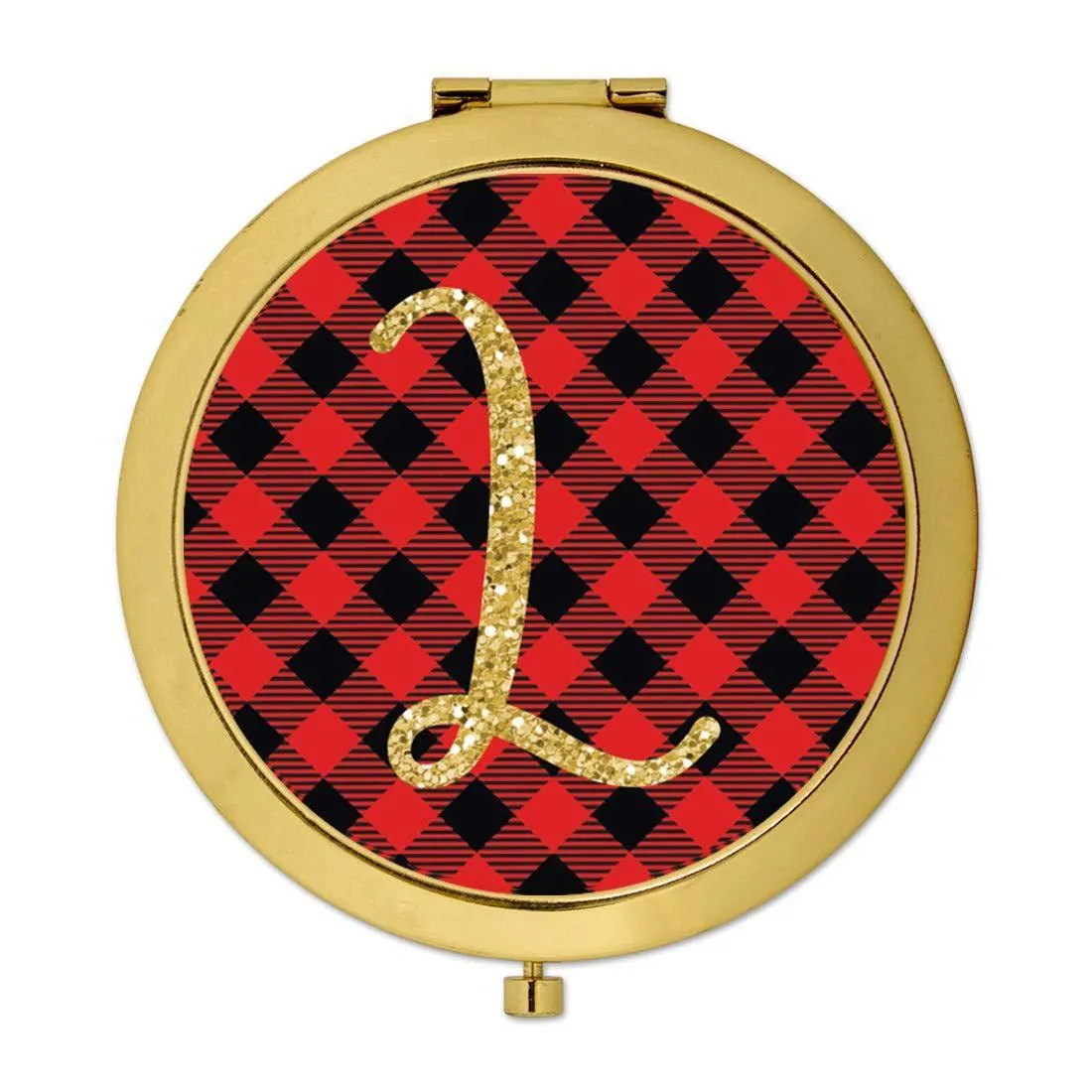 Andaz Press Buffalo Red Plaid With Gold Glitter Monogram Gold Compact Mirror