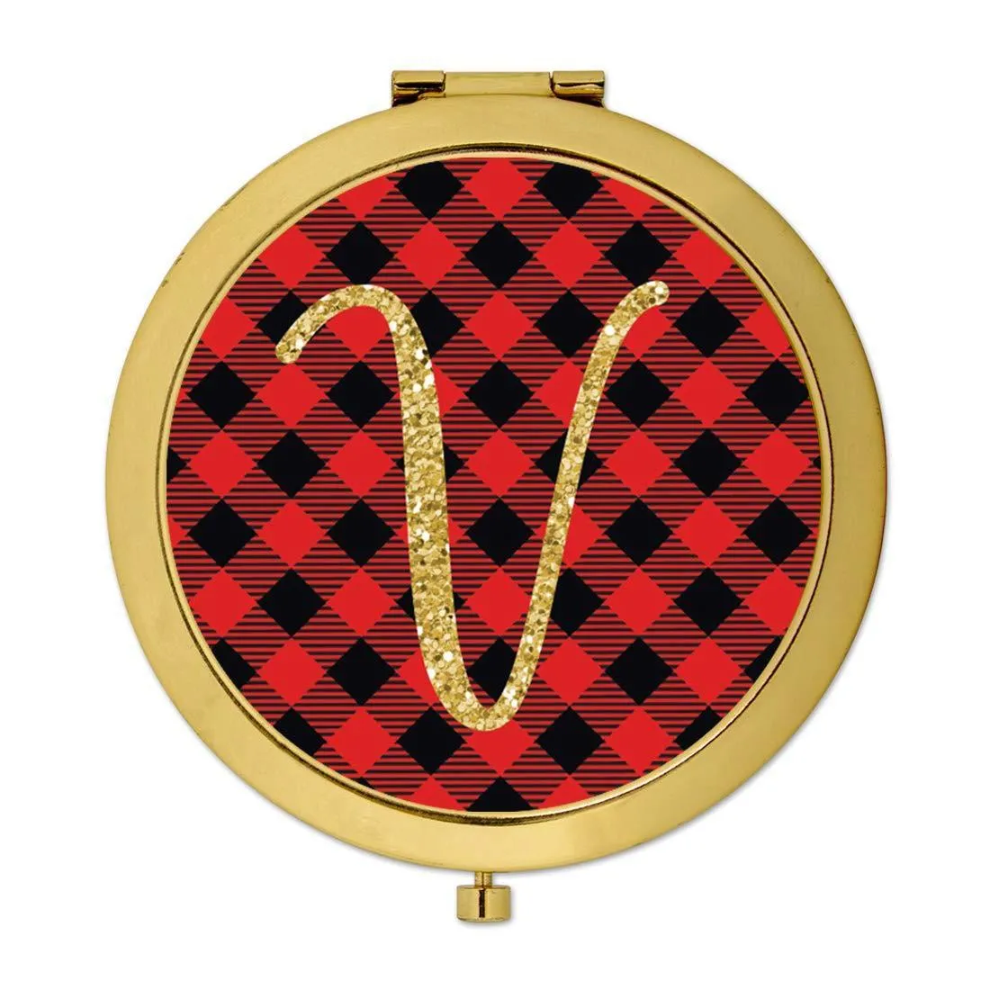 Andaz Press Buffalo Red Plaid With Gold Glitter Monogram Gold Compact Mirror