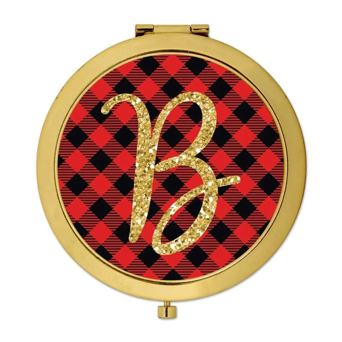 Andaz Press Buffalo Red Plaid With Gold Glitter Monogram Gold Compact Mirror