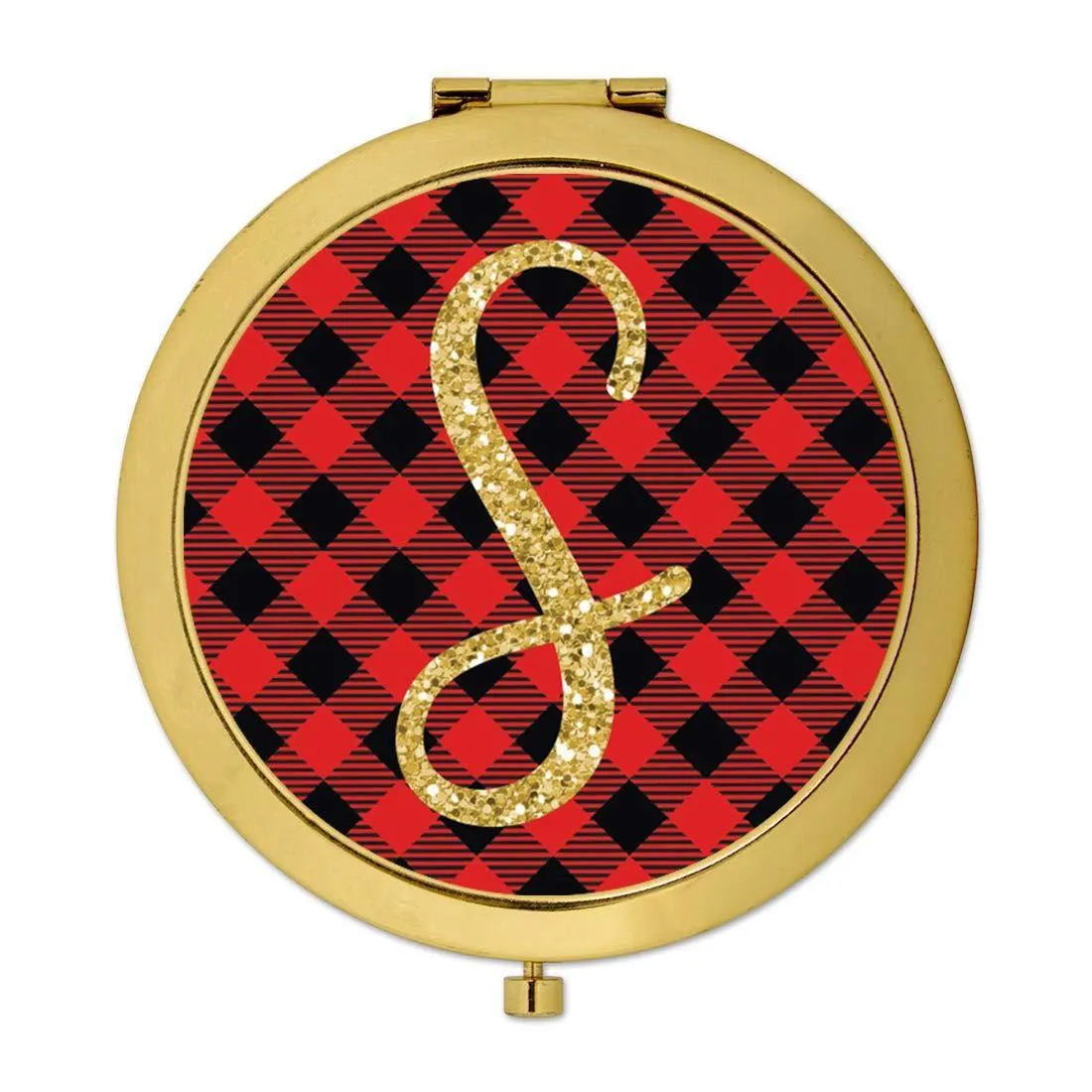 Andaz Press Buffalo Red Plaid With Gold Glitter Monogram Gold Compact Mirror