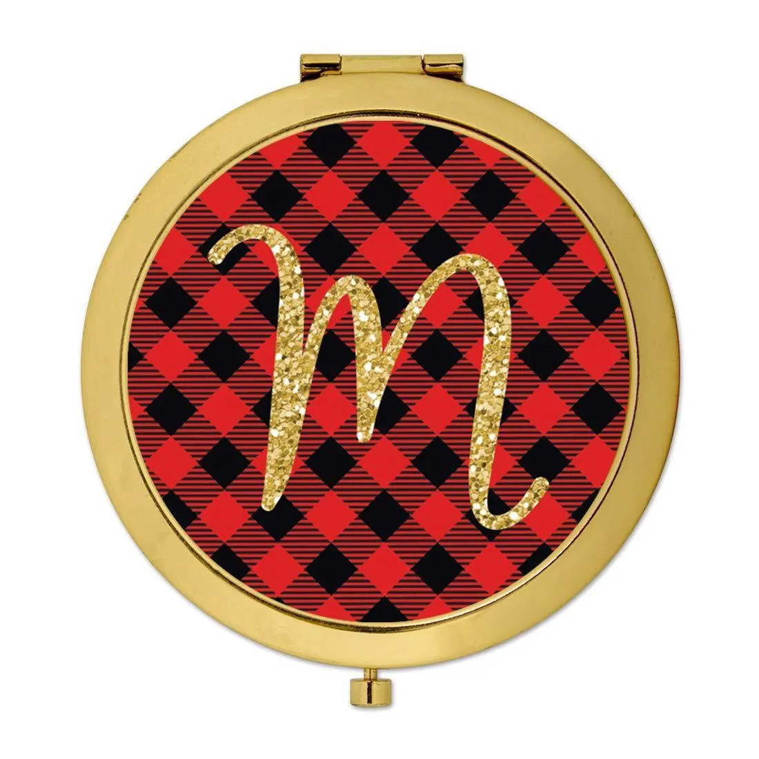 Andaz Press Buffalo Red Plaid With Gold Glitter Monogram Gold Compact Mirror