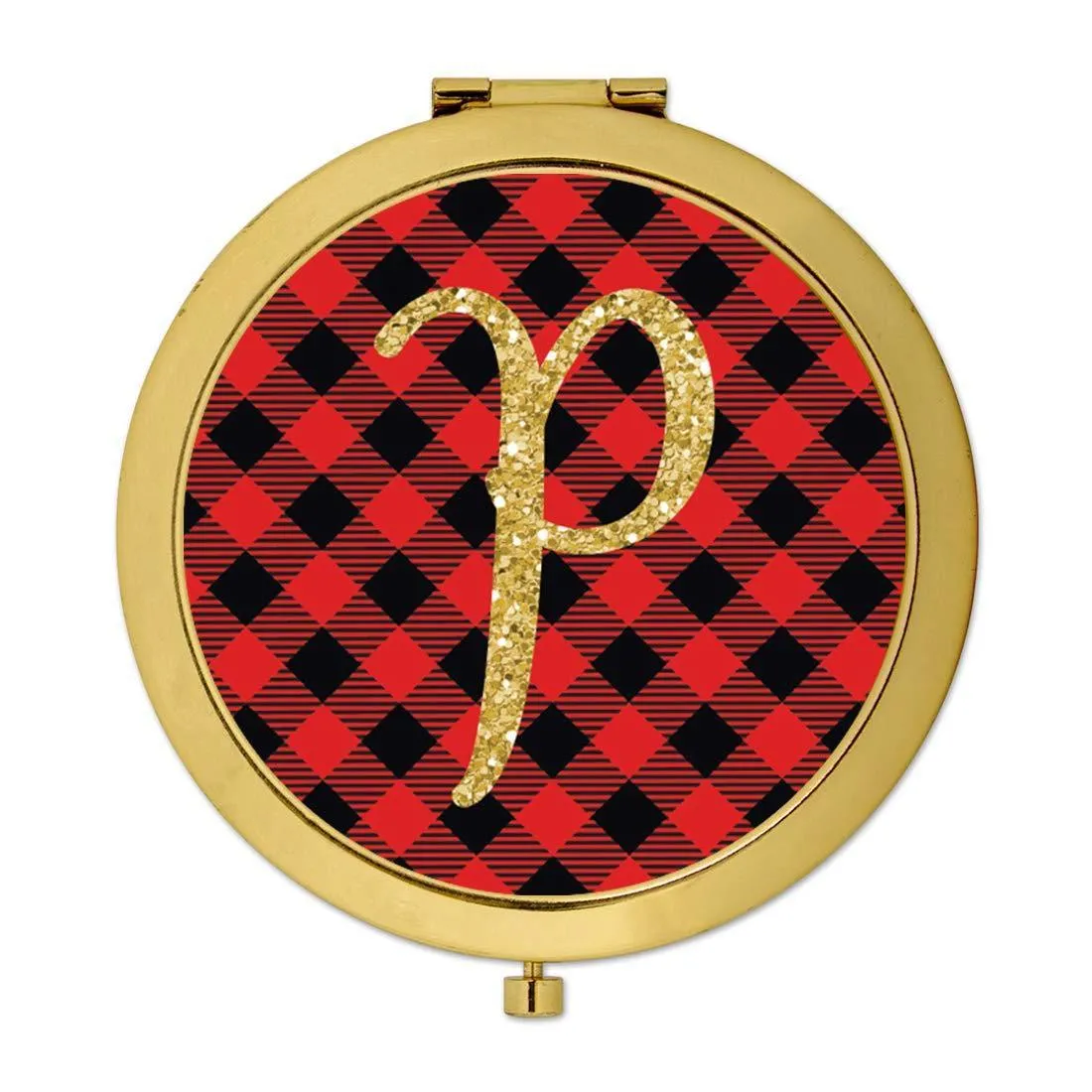 Andaz Press Buffalo Red Plaid With Gold Glitter Monogram Gold Compact Mirror