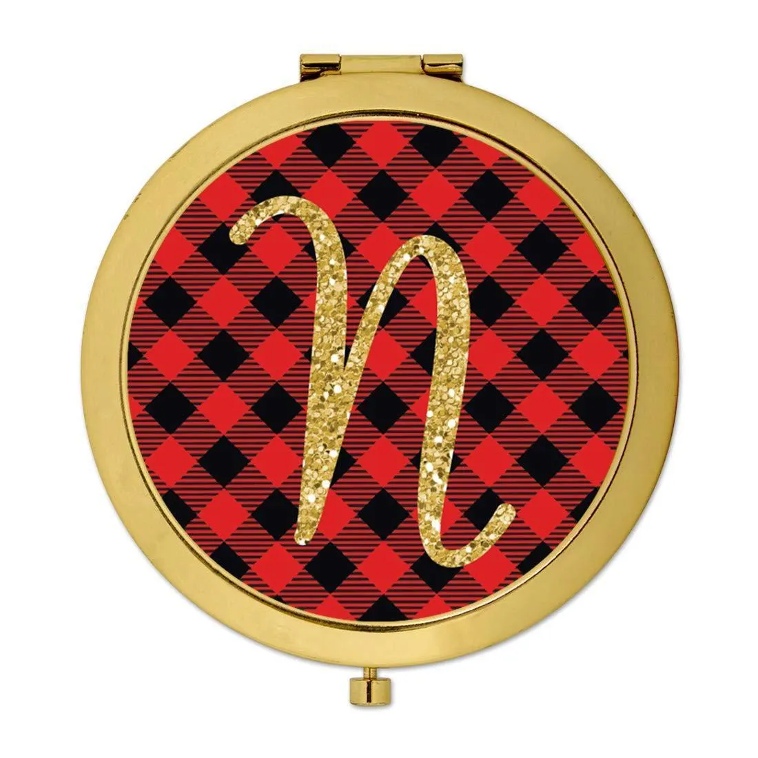 Andaz Press Buffalo Red Plaid With Gold Glitter Monogram Gold Compact Mirror