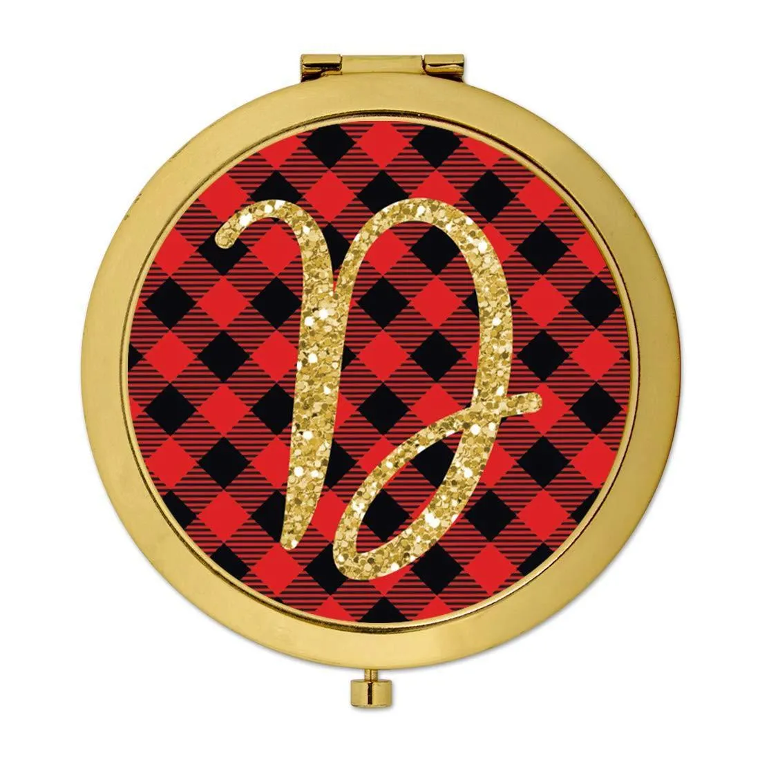 Andaz Press Buffalo Red Plaid With Gold Glitter Monogram Gold Compact Mirror