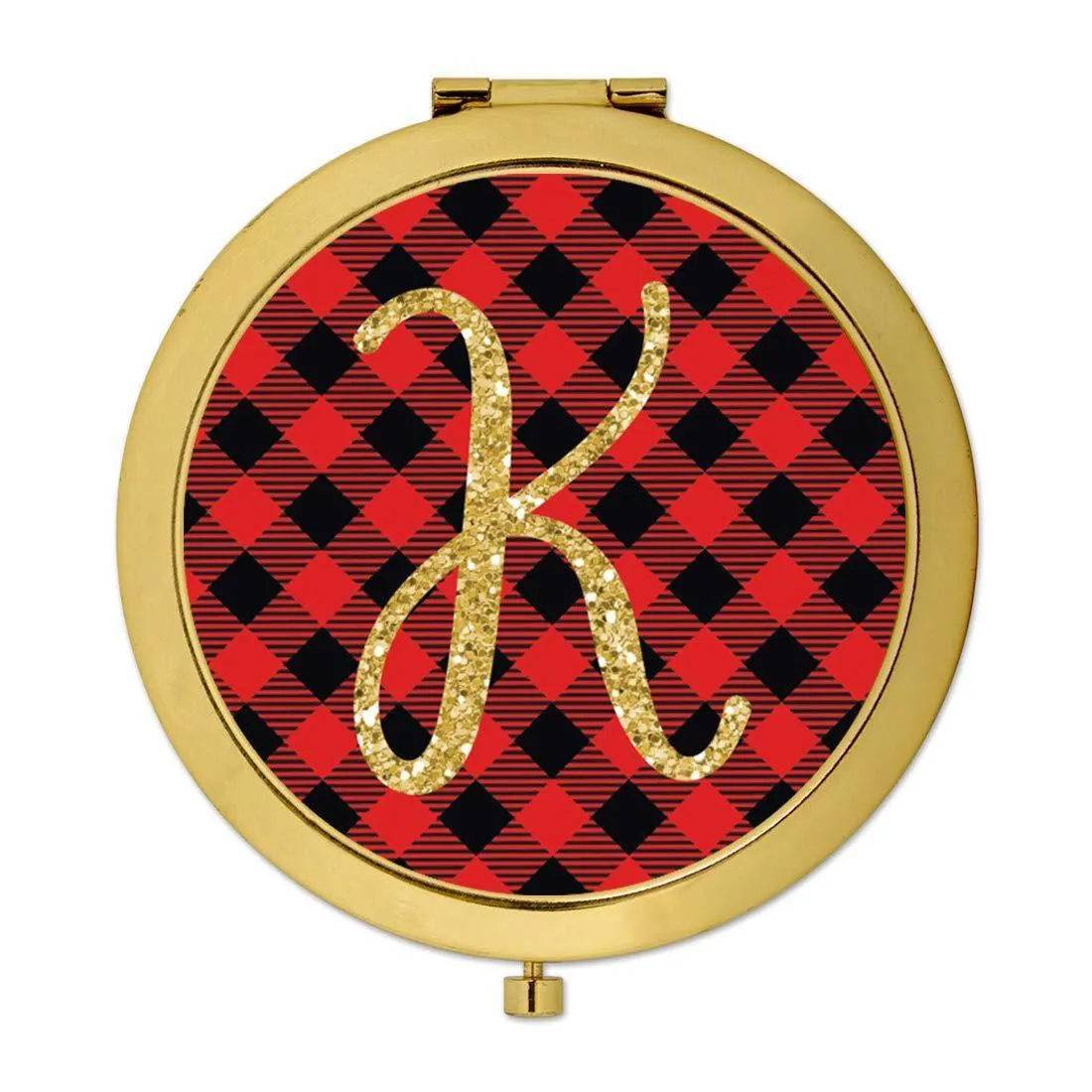 Andaz Press Buffalo Red Plaid With Gold Glitter Monogram Gold Compact Mirror