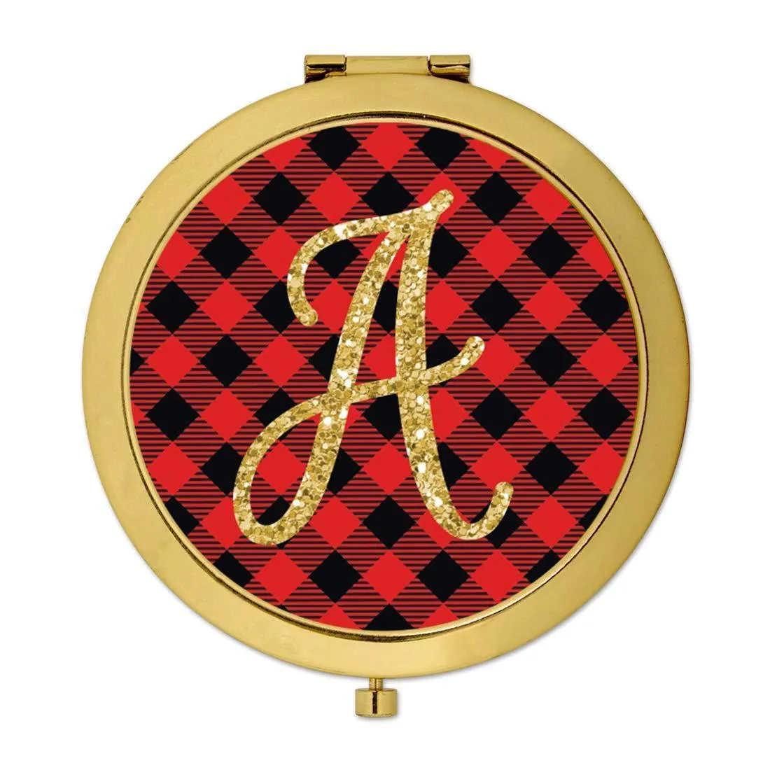 Andaz Press Buffalo Red Plaid With Gold Glitter Monogram Gold Compact Mirror