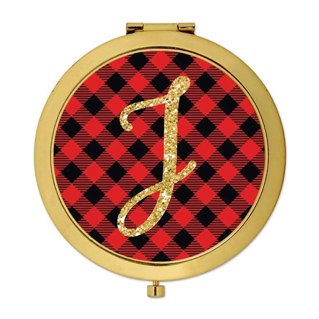 Andaz Press Buffalo Red Plaid With Gold Glitter Monogram Gold Compact Mirror