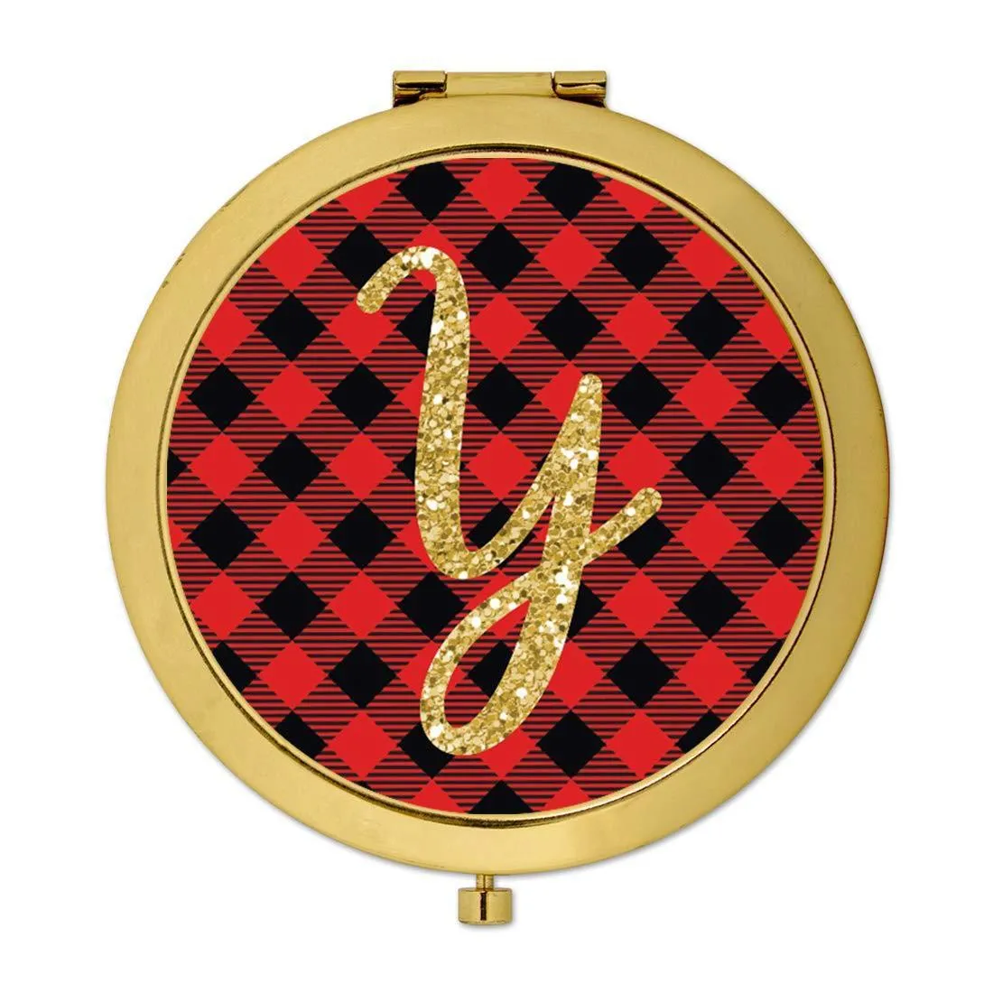 Andaz Press Buffalo Red Plaid With Gold Glitter Monogram Gold Compact Mirror