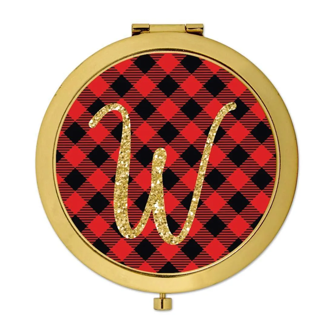 Andaz Press Buffalo Red Plaid With Gold Glitter Monogram Gold Compact Mirror