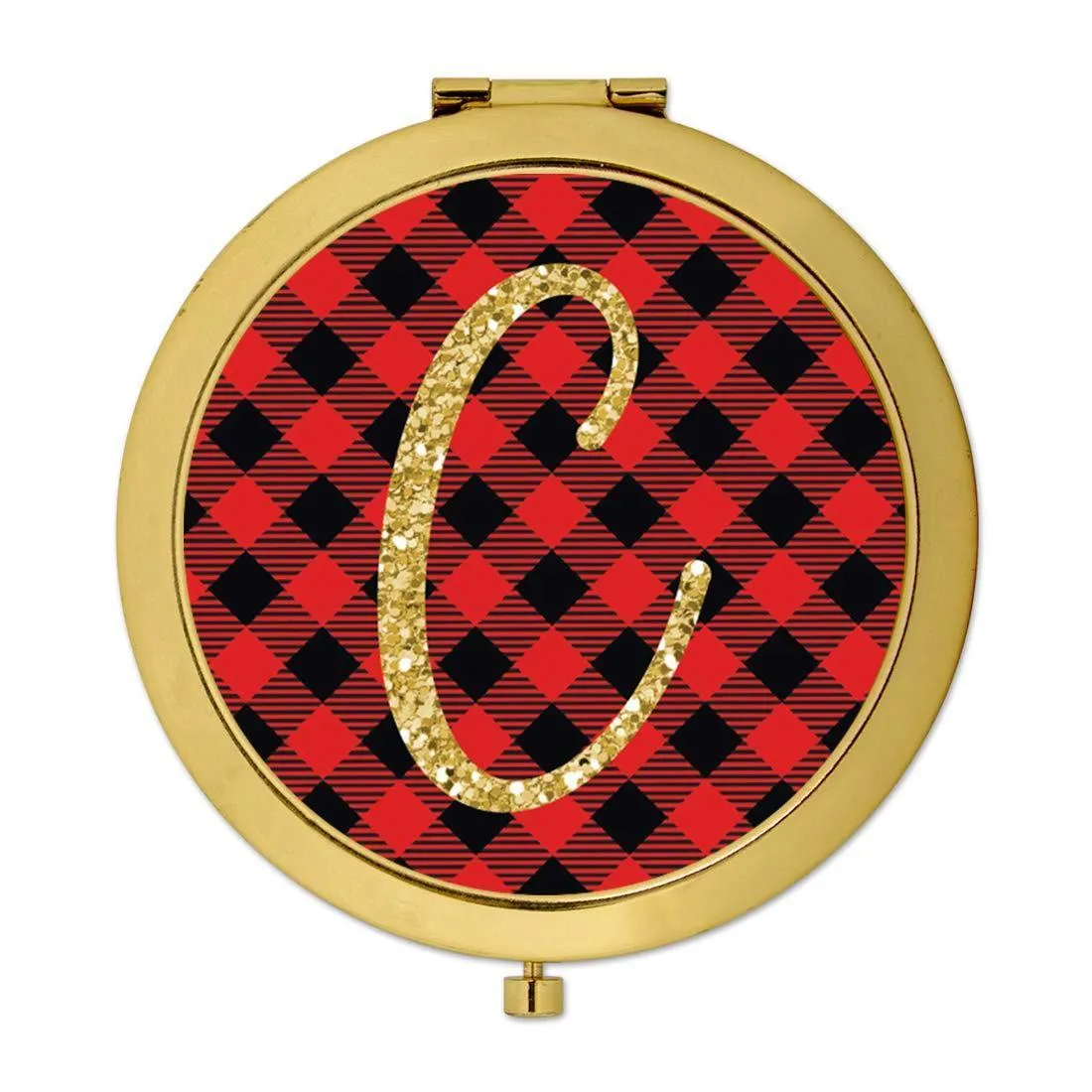 Andaz Press Buffalo Red Plaid With Gold Glitter Monogram Gold Compact Mirror