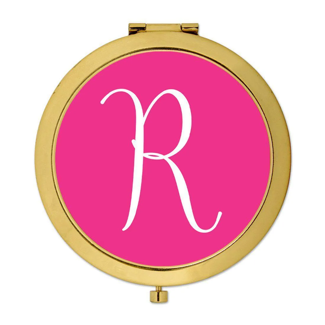 Andaz Press Fuchsia Hot Pink Monogram Gold 2.75 inch Round Compact Mirror