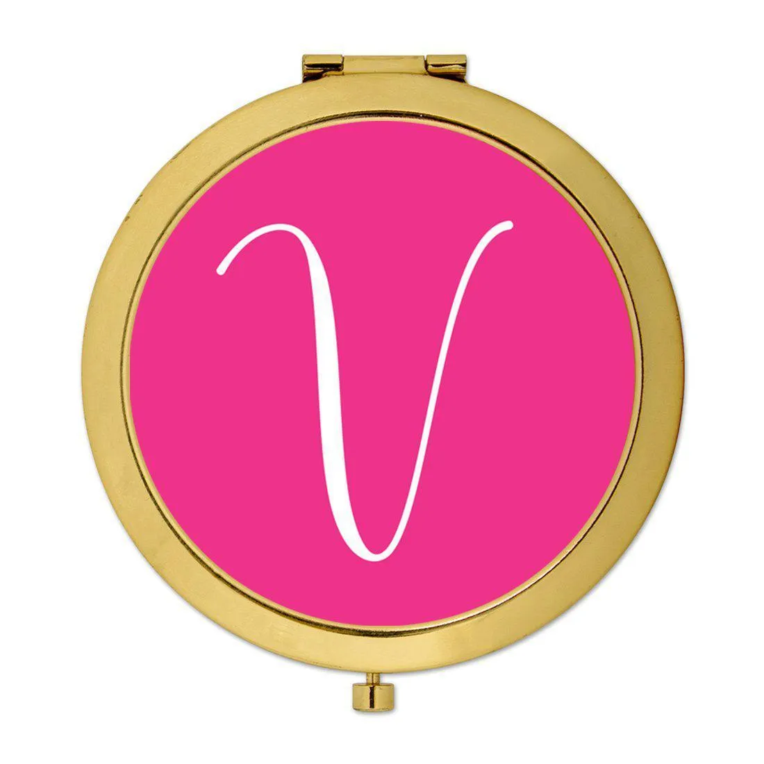 Andaz Press Fuchsia Hot Pink Monogram Gold 2.75 inch Round Compact Mirror