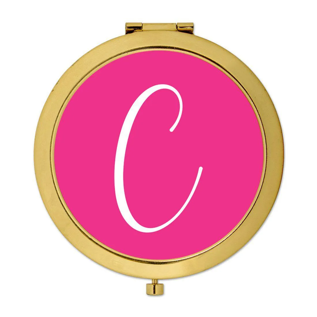 Andaz Press Fuchsia Hot Pink Monogram Gold 2.75 inch Round Compact Mirror