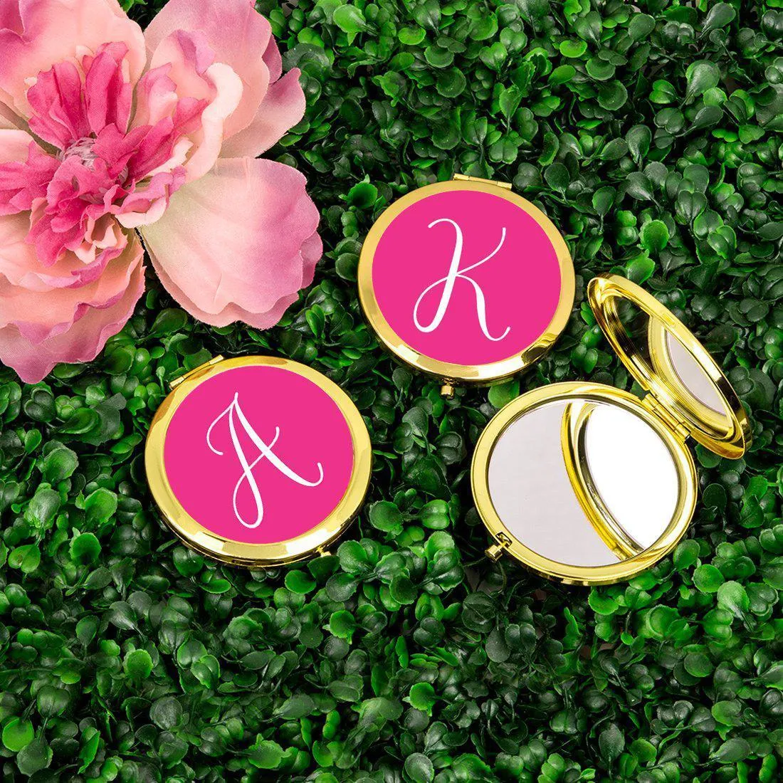 Andaz Press Fuchsia Hot Pink Monogram Gold 2.75 inch Round Compact Mirror