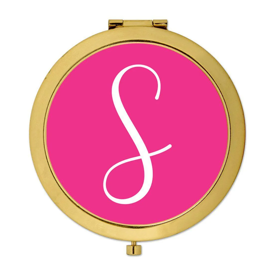 Andaz Press Fuchsia Hot Pink Monogram Gold 2.75 inch Round Compact Mirror