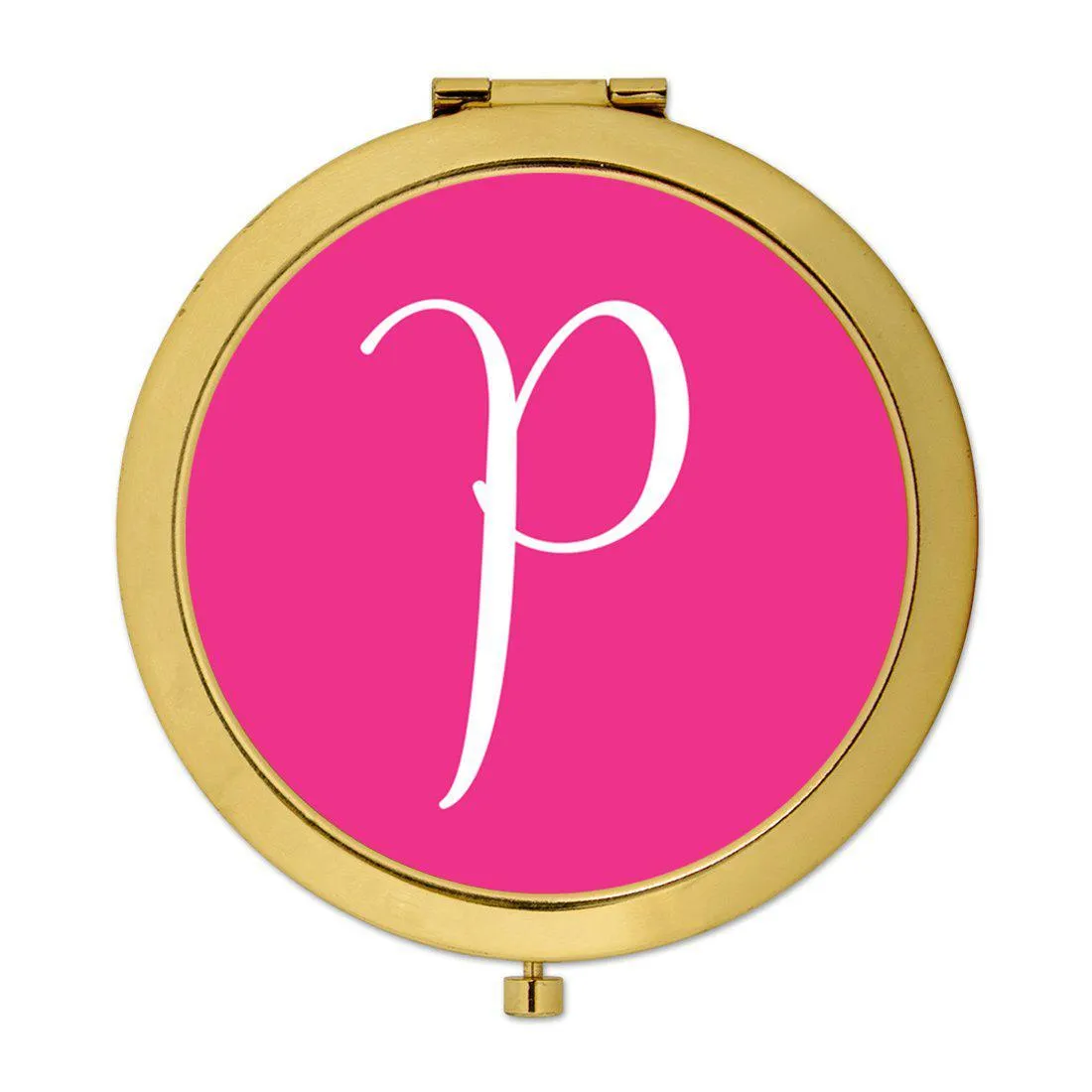 Andaz Press Fuchsia Hot Pink Monogram Gold 2.75 inch Round Compact Mirror