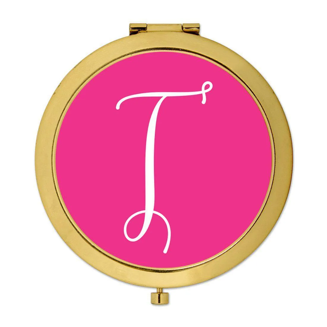 Andaz Press Fuchsia Hot Pink Monogram Gold 2.75 inch Round Compact Mirror