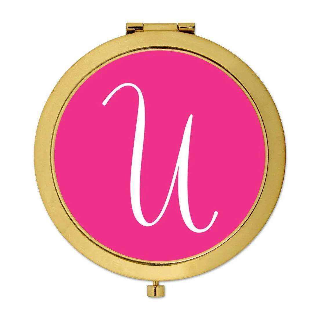 Andaz Press Fuchsia Hot Pink Monogram Gold 2.75 inch Round Compact Mirror