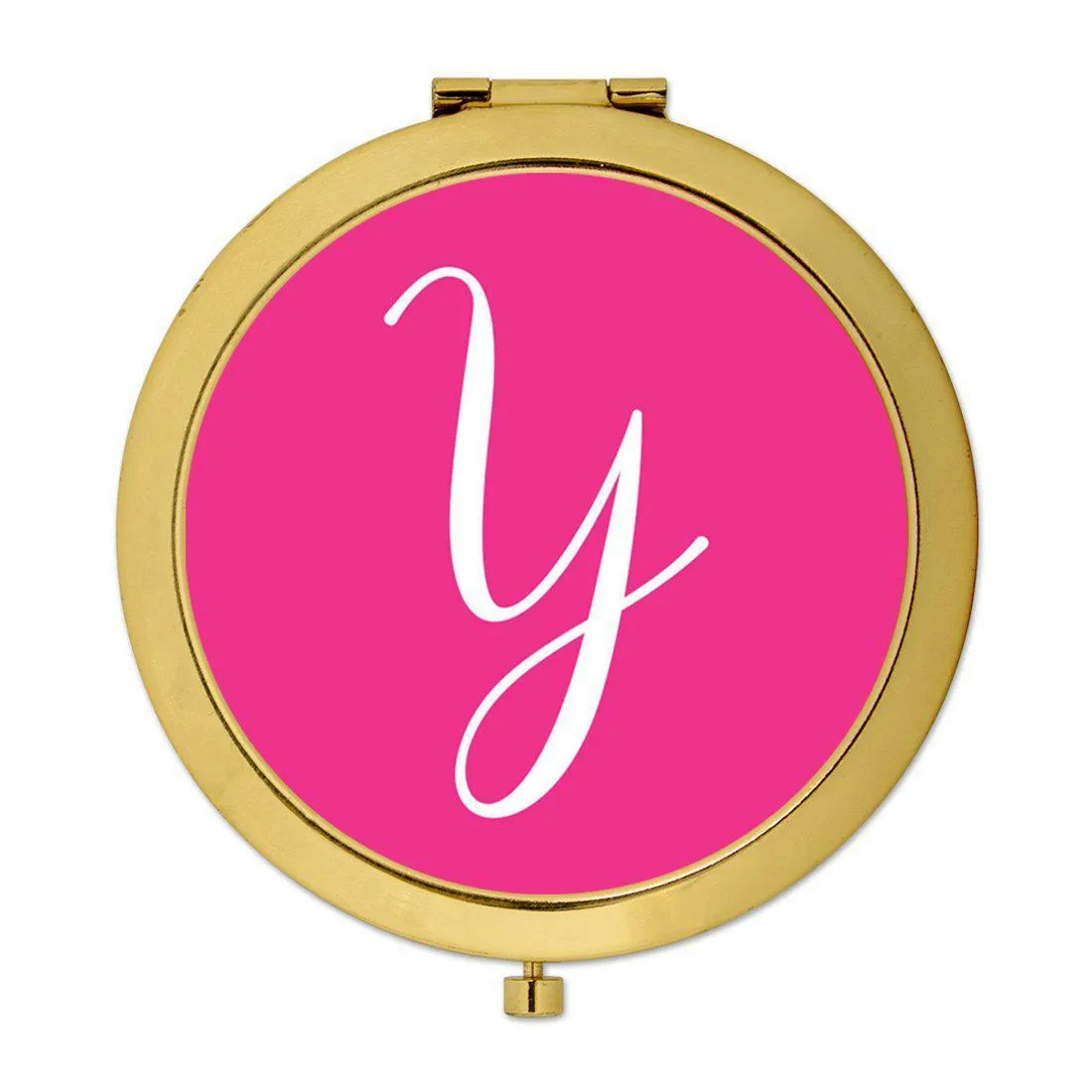 Andaz Press Fuchsia Hot Pink Monogram Gold 2.75 inch Round Compact Mirror