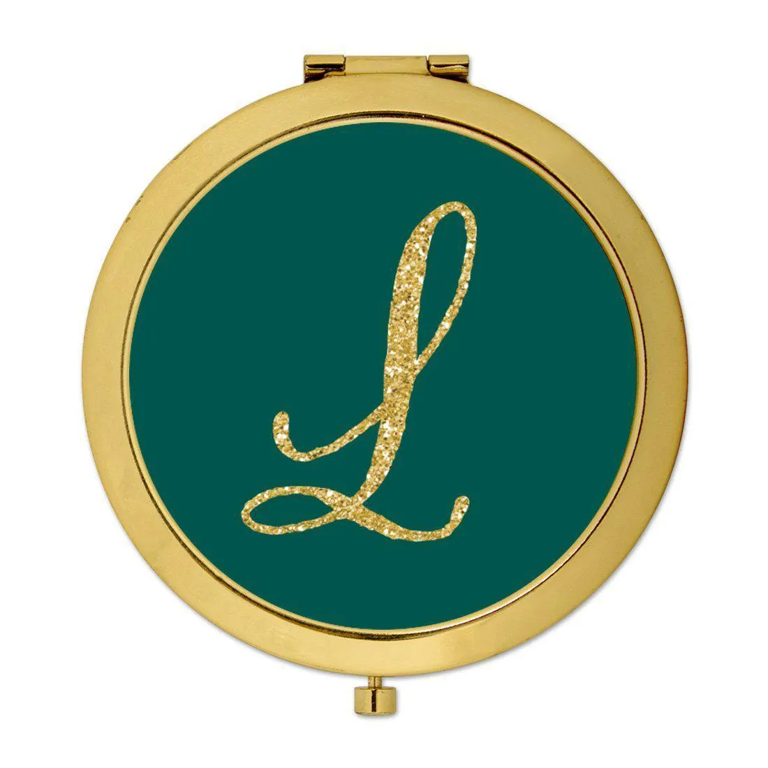 Andaz Press Peacock Blue Jewel Tone with Faux Gold Glitter Monogram Gold 2.75 inch Round Compact Mirror