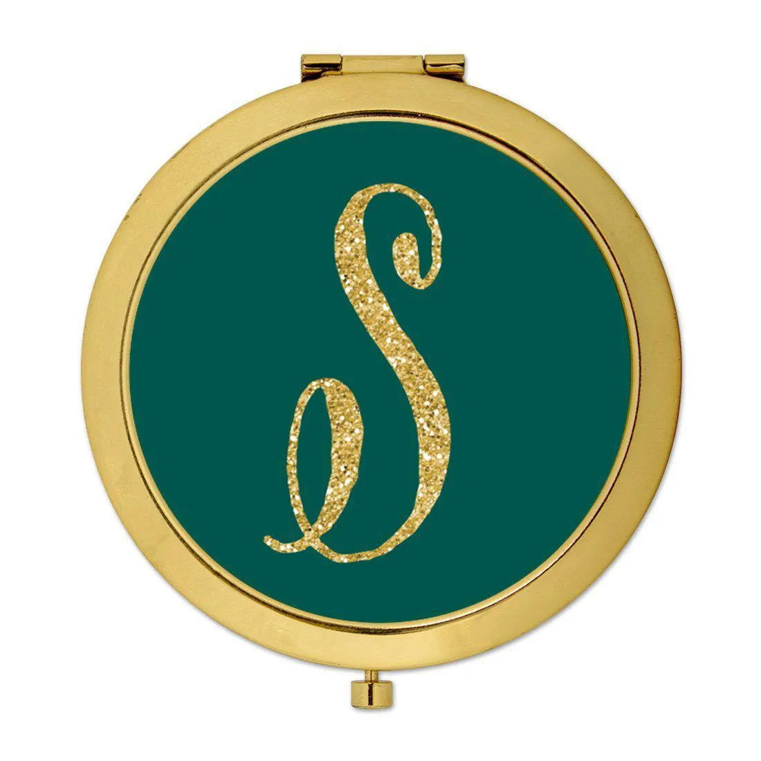 Andaz Press Peacock Blue Jewel Tone with Faux Gold Glitter Monogram Gold 2.75 inch Round Compact Mirror