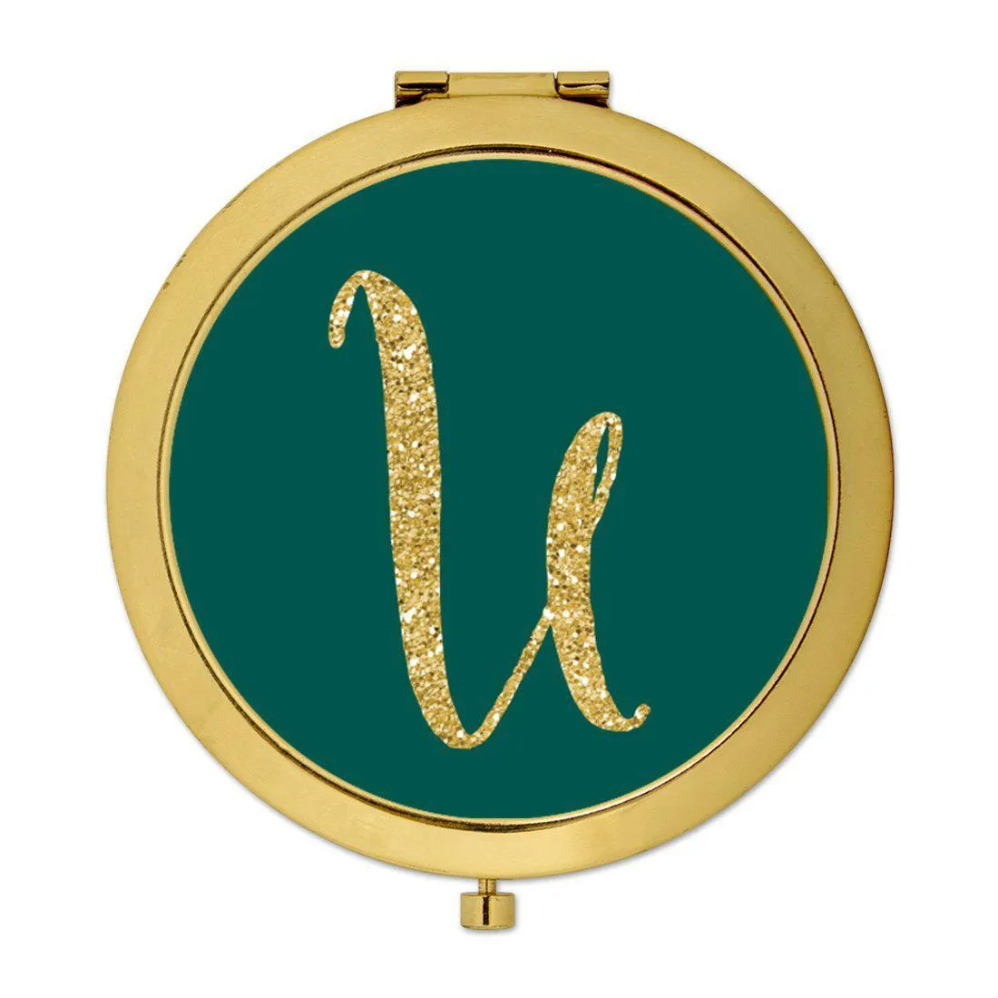 Andaz Press Peacock Blue Jewel Tone with Faux Gold Glitter Monogram Gold 2.75 inch Round Compact Mirror