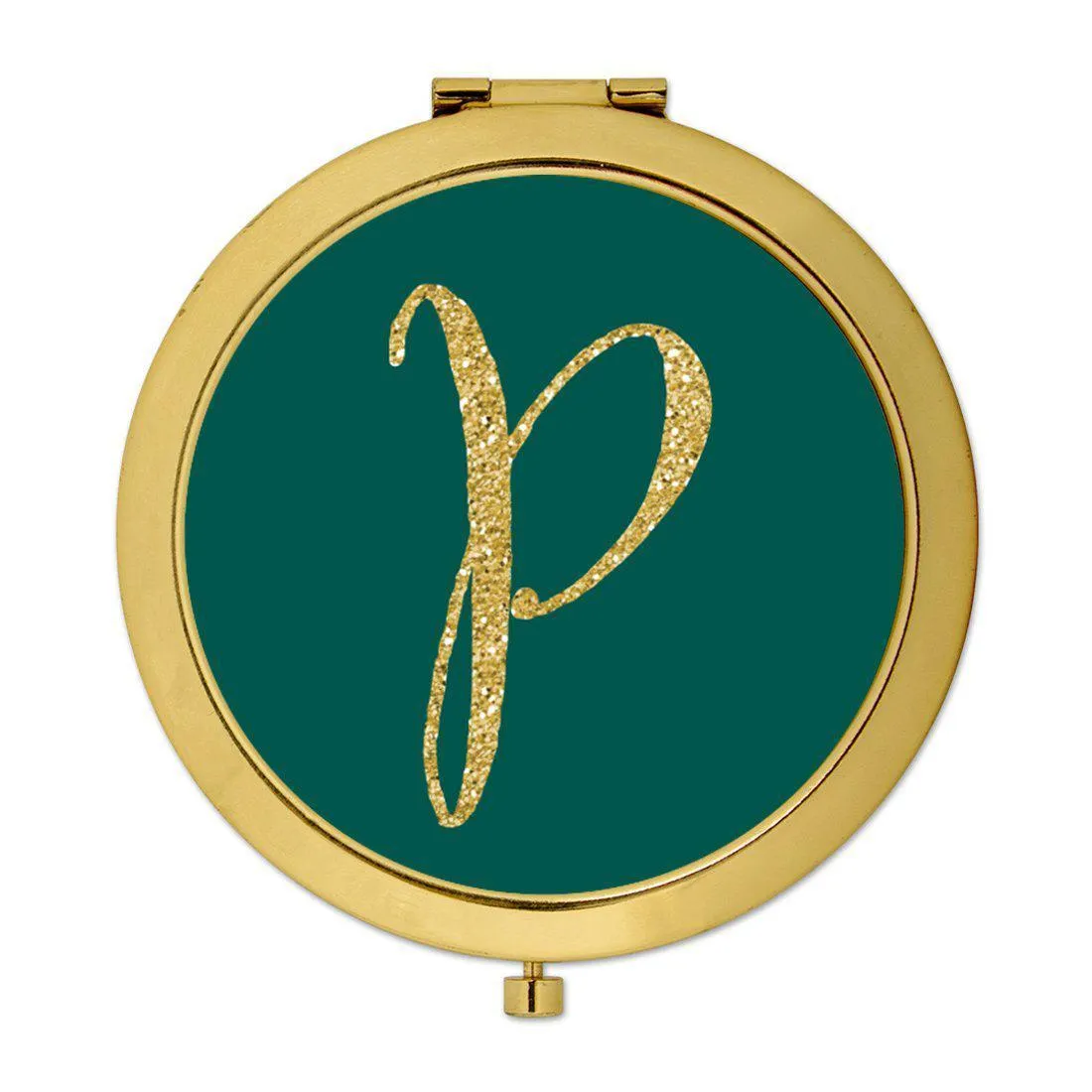 Andaz Press Peacock Blue Jewel Tone with Faux Gold Glitter Monogram Gold 2.75 inch Round Compact Mirror