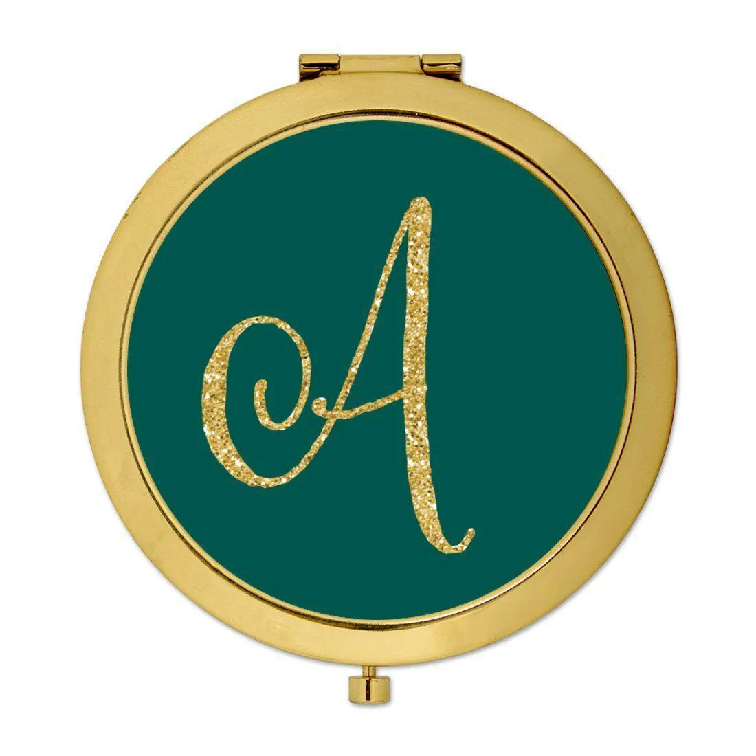 Andaz Press Peacock Blue Jewel Tone with Faux Gold Glitter Monogram Gold 2.75 inch Round Compact Mirror