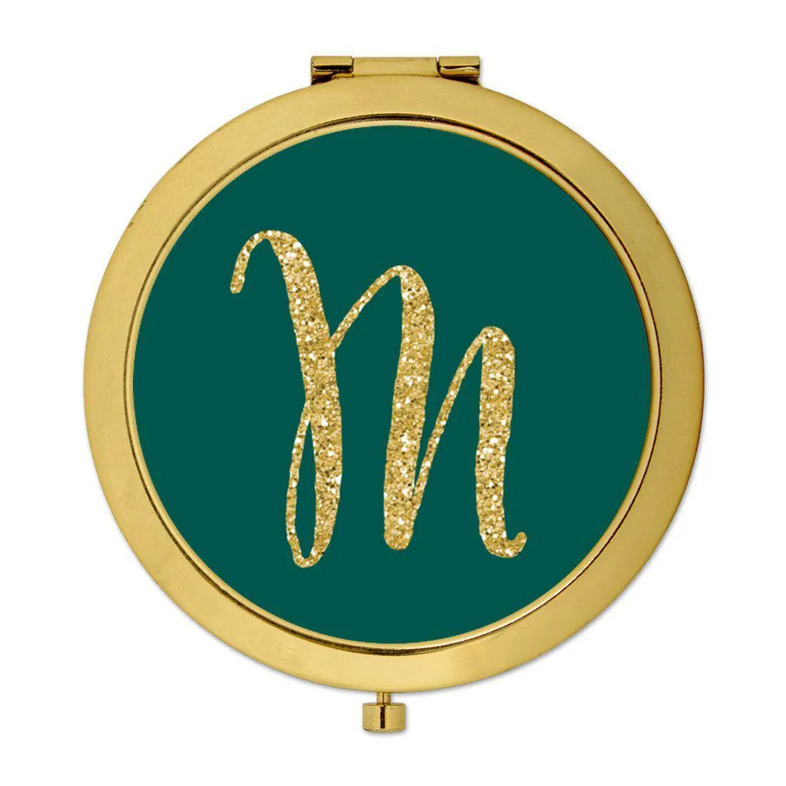 Andaz Press Peacock Blue Jewel Tone with Faux Gold Glitter Monogram Gold 2.75 inch Round Compact Mirror