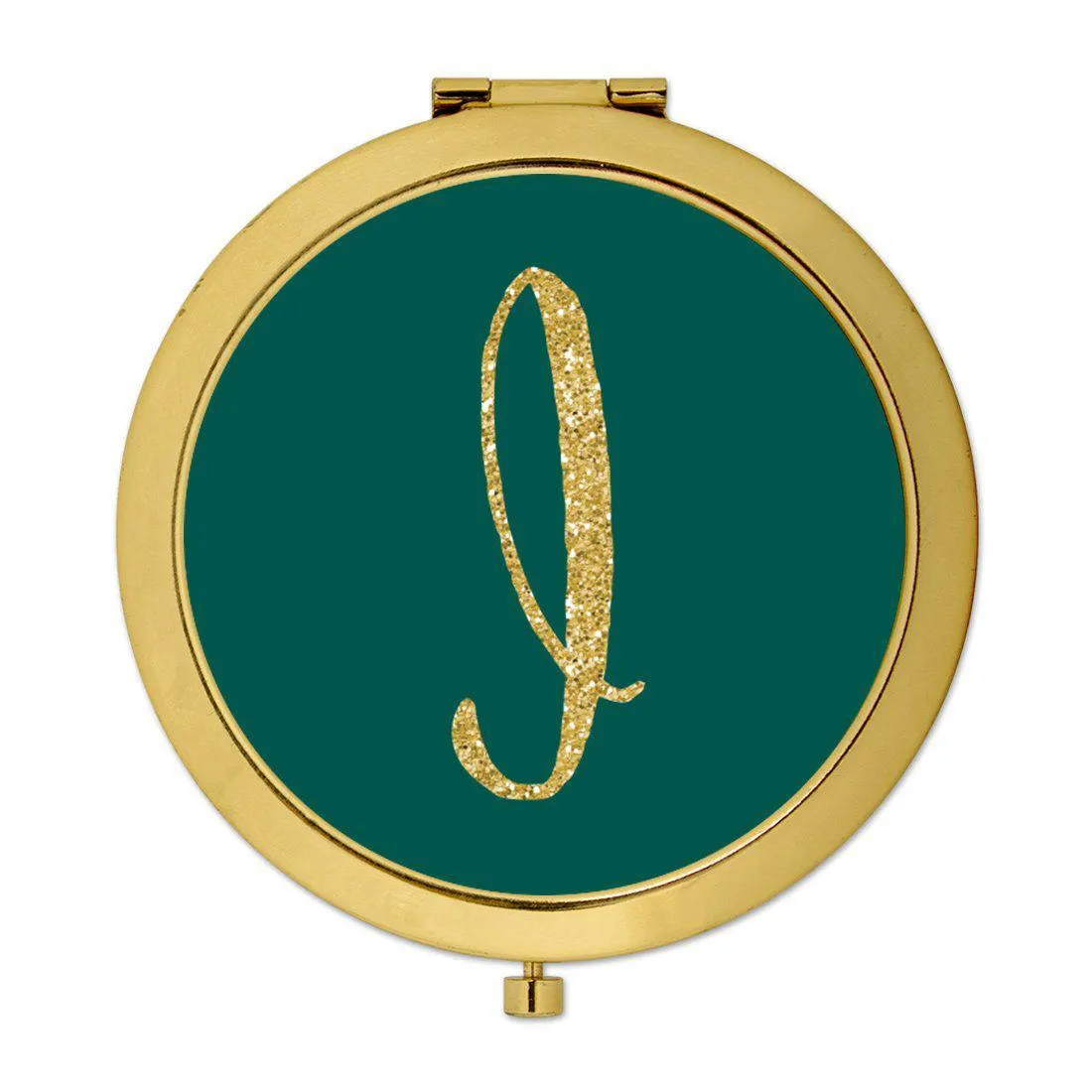 Andaz Press Peacock Blue Jewel Tone with Faux Gold Glitter Monogram Gold 2.75 inch Round Compact Mirror