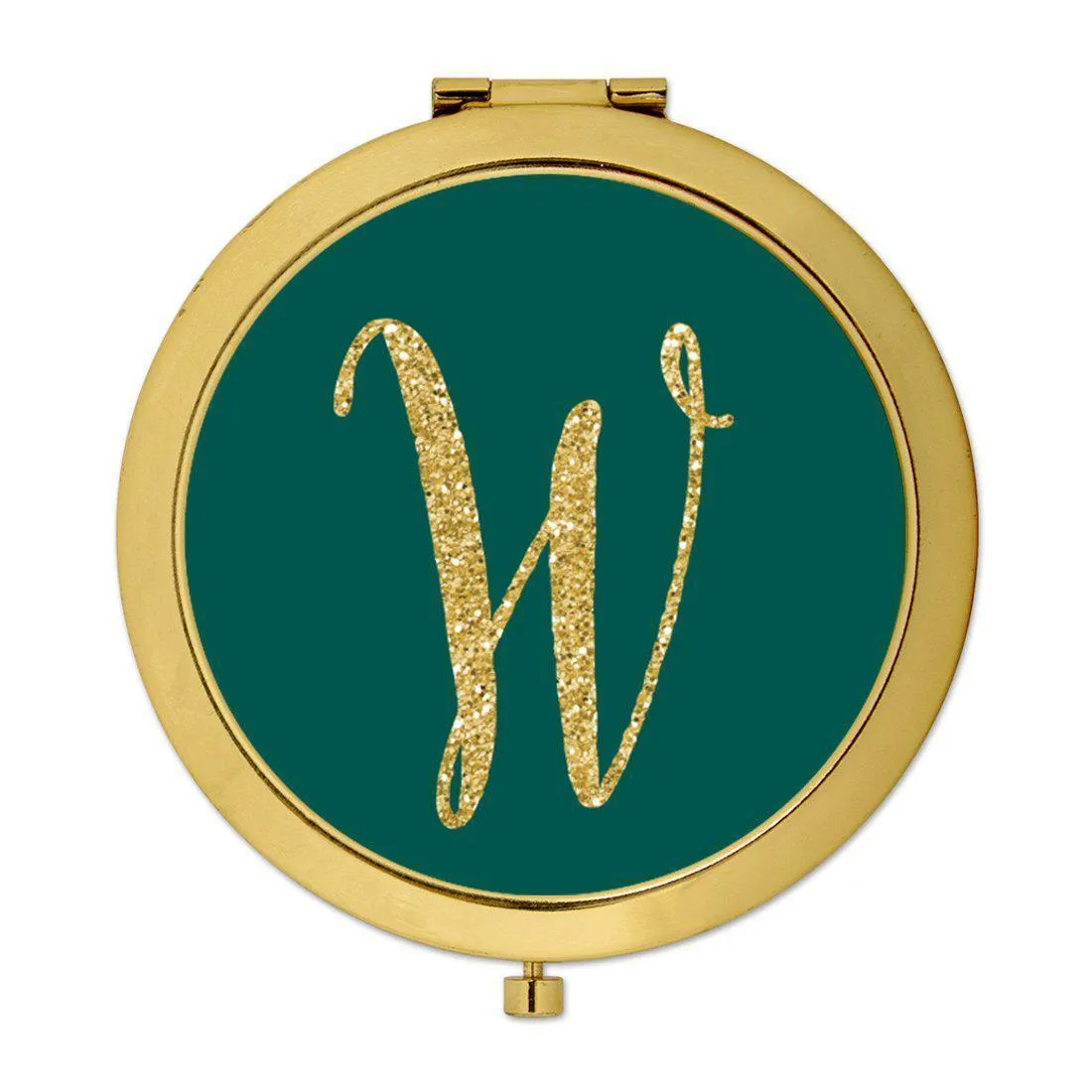 Andaz Press Peacock Blue Jewel Tone with Faux Gold Glitter Monogram Gold 2.75 inch Round Compact Mirror