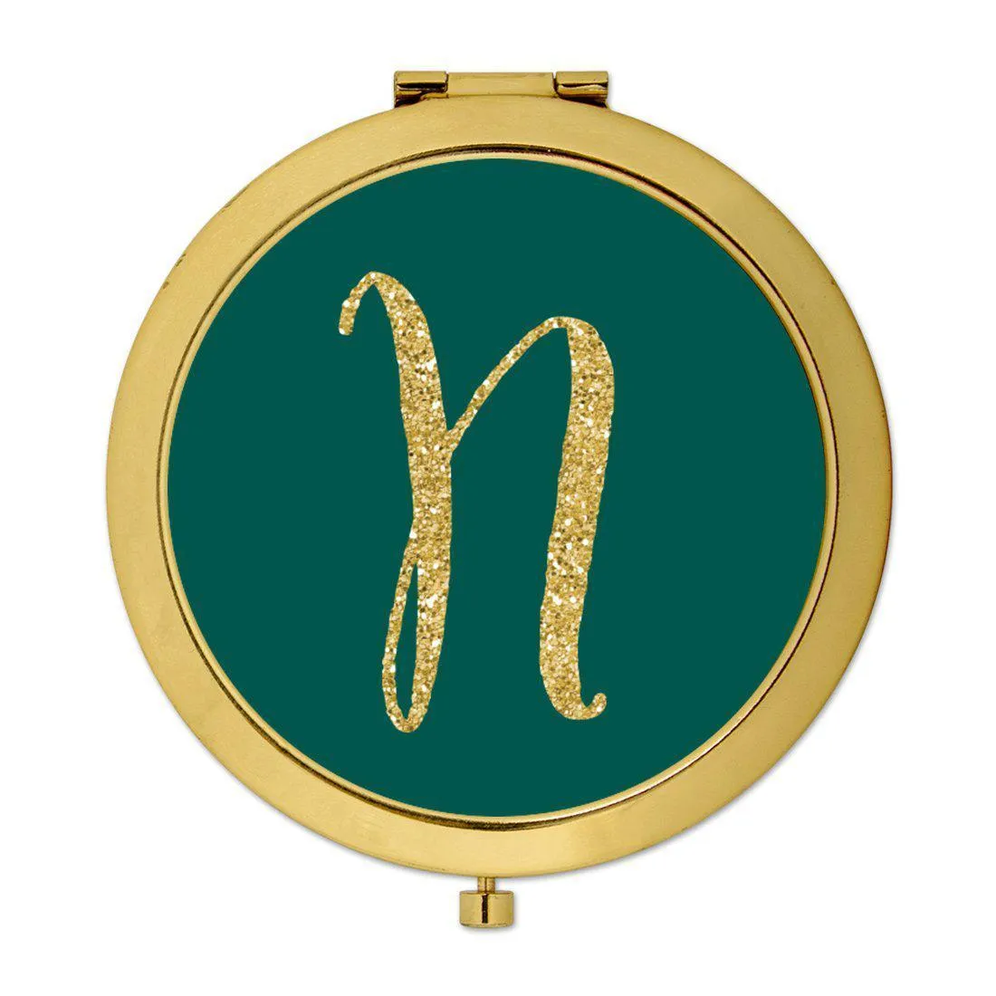 Andaz Press Peacock Blue Jewel Tone with Faux Gold Glitter Monogram Gold 2.75 inch Round Compact Mirror