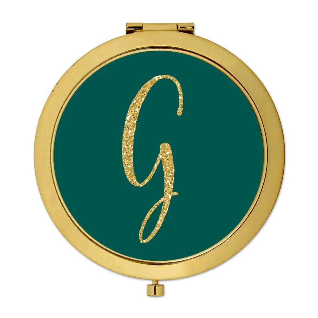 Andaz Press Peacock Blue Jewel Tone with Faux Gold Glitter Monogram Gold 2.75 inch Round Compact Mirror