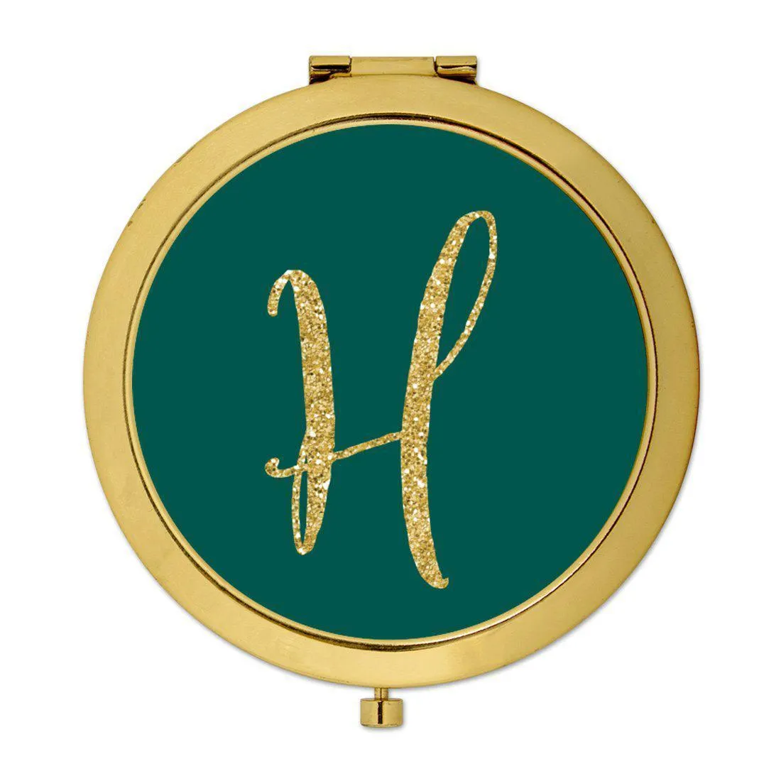 Andaz Press Peacock Blue Jewel Tone with Faux Gold Glitter Monogram Gold 2.75 inch Round Compact Mirror